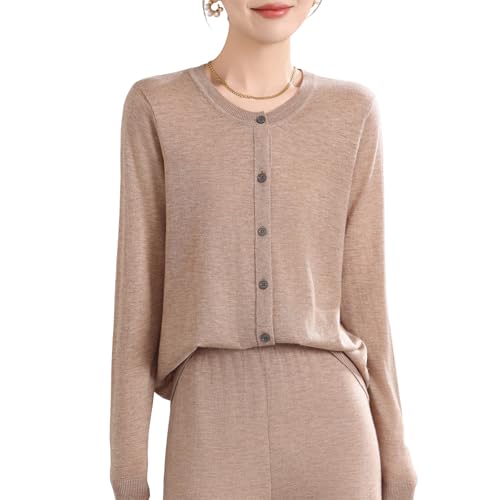 Image of Women's 100% Merino Wool Crew Neck Cardigan Sweater Top Long Sleeve Button Down 2025