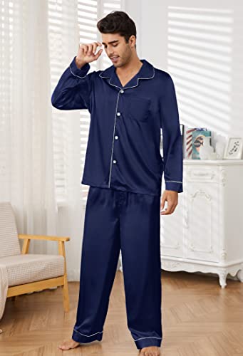 Image of U2SKIIN Mens Silk Pajamas Set, Long Sleeve Satin Pajamas for Men Sleepwear Button Down Pjs Set Two-piece