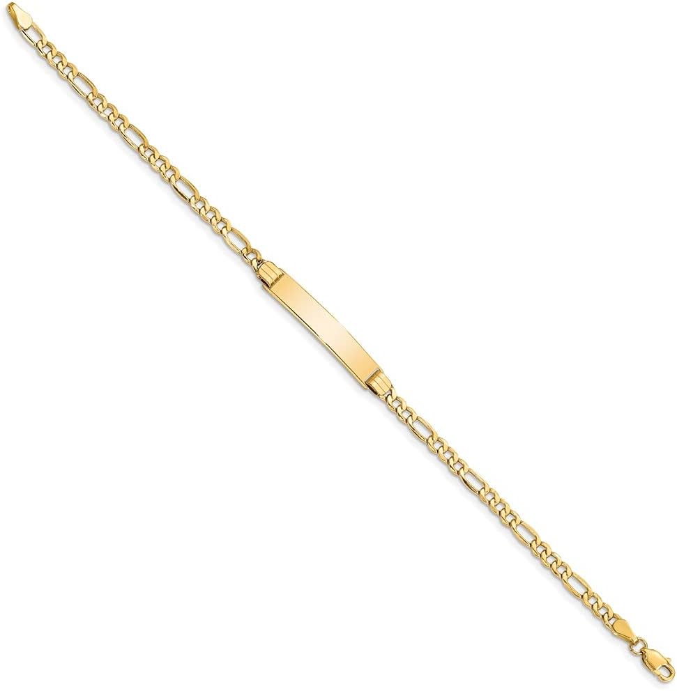 Polished Engravable Personalized Custom 14K Yellow Gold Semi-solid Polished Figaro Link ID Bracelet For Men or Women Length 7 inches Width 5.5 mm