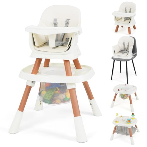 GOPLUS Trona Convertible para Niños 16 en 1, Set de Estudio con Mesa Doble, Bandeja Extraíble, Cesta y Cinturón de Seguridad, Centro de Actividades Ajustable con 3 Juguetes (Blanco + Natural)