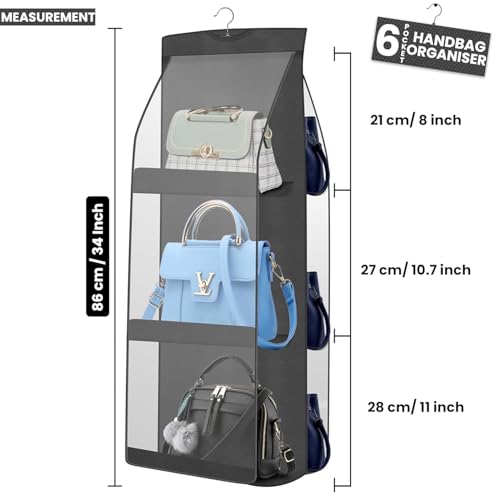 Image of 6 Pocket Hanging Handbag Organizer - Multi-Compartment Purse Storage with Adjustable Hooks - Space-Saving Closet Organizer for Handbags, Purses, Wallets - Durable, Home Black