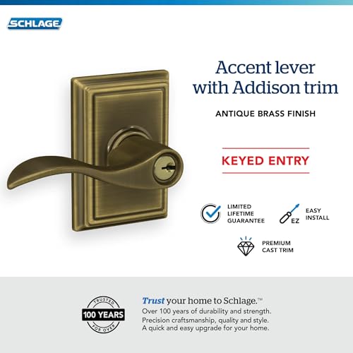 Image of SCHLAGE Accent Lever with Addison Trim Keyed Entry Lock in Antique Brass