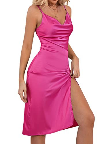 LYANER Women's Satin Drape Cowl Neck Sleeveless Strappy Cami Split Slit Cocktail Party Midi Dress Hot Pink Medium - Thumbnail 3