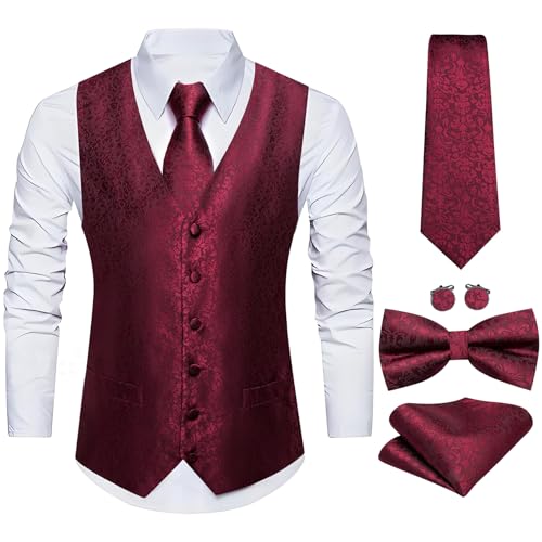 Image of Barry.Wang Men's Suit Vest Tie Bowtie Set Formal Silk Paisley Waistcoat Hanky Cufflinks Lapel Pin Set Wedding Party 7PCS