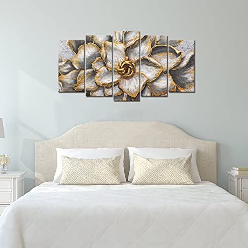 Kalormore Large 5 Pieces Gold Grey Blossom Flowers Painting Vintage Abstract Elegant Floral Canvas Prints For Home Living Room Bedroom Wall Decoration Contemporary Art (L-60 Xh-32) #TOP1