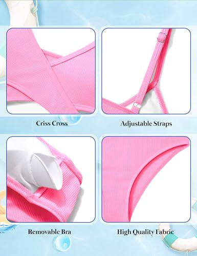 Image of Girls Swimsuit Bikini Set,Criss Cross Bathing Suits for Girl Two Piece Solid Color Girls' Swimwear for 7-16 Years