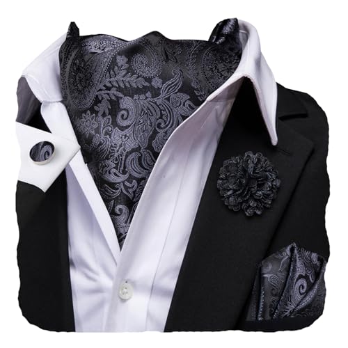 Image of Hi-Tie Silk Ascot for Men Self Tie Men's Cravat and Flower Lapel Pin Handkerchief Cufflinks Set for Wedding Party