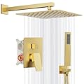 Kurpot Shower System, Square Rainfall Shower Head with Handheld Combo Spray, Bathroom Shower Faucet Set with Valve, 59'' Shower Hose, Shower Trim Kit and Diverter, Wall Mounted (Gold)