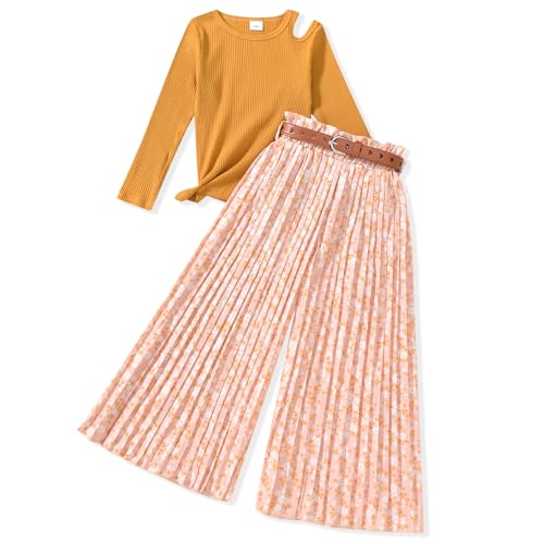 Image of HIHA Girls Long Sleeve Cut Out Tops Pleated Wide Leg Pant Set with Belt Fall Winter Outfit