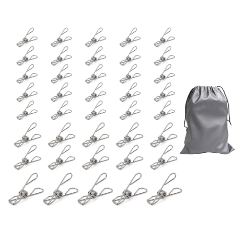Juego de 40 pinzas para ropa con bolsa, de acero inoxidable, resistentes a la corrosión, con bolsa de transporte