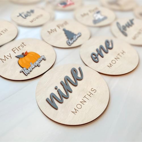 Image of Monthly Baby Milestone and First Holiday Signs, Wooden Baby Months Disc Set 1-12, Hello World Newborn Announcement Props (Blue)