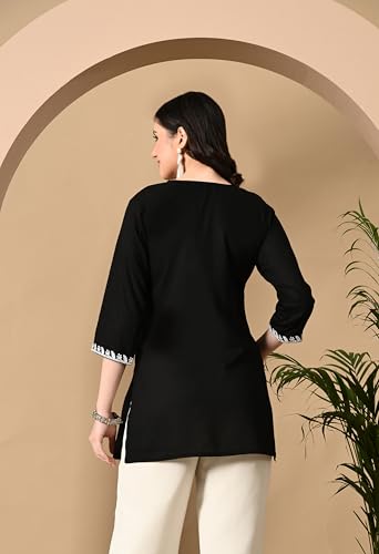 Image of LIBOZA Women's Chikankari Embroidered Short Kurti, Rayon Fabric, Three-Quarter Sleeves, Available in Pink, Black, Mustard Yellow, White, Pista and Green