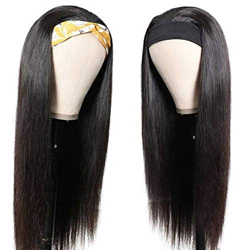 Headband Wig Straight Human Hair 16 Inch Glueless None Lace Front Wigs Brazilian Virgin Human Hair Headband Wigs for Black Women Natural Black Color