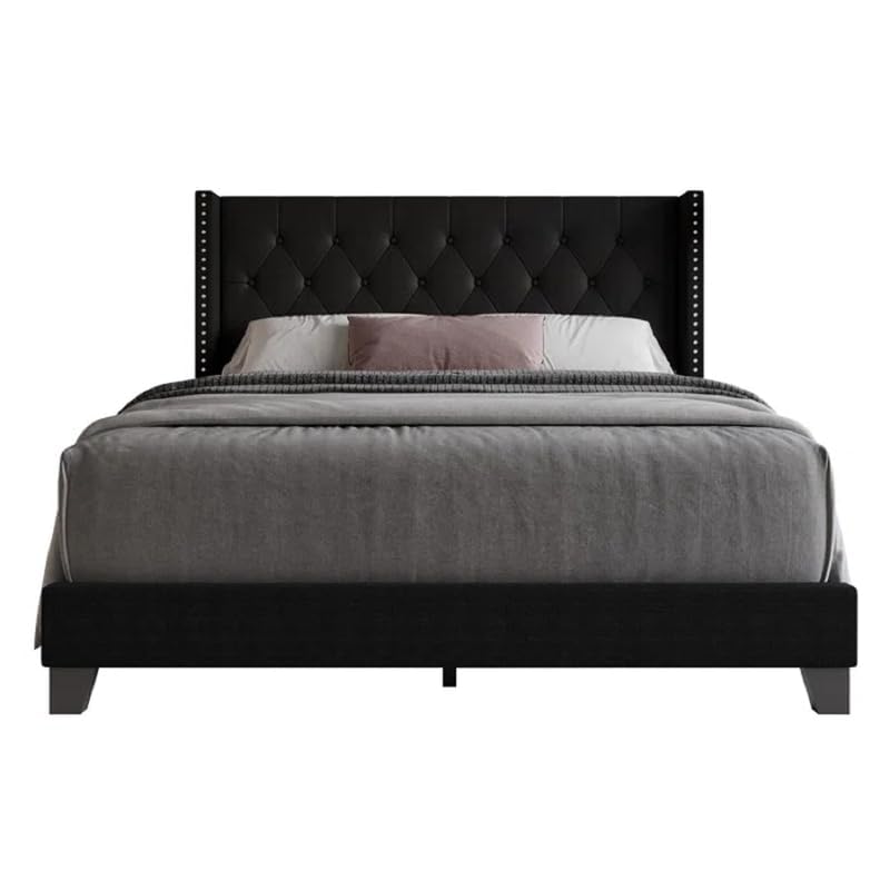 Image of HITHOS Solid Wood Modern Upholstered Queen Size Bed with Tufted Headboard and Without Storage | Wooden Double Bed Cot Furniture for Home Hotel Bedroom Living Room (Black)