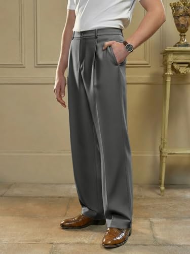 PLEPAN Men's Relaxed Fit Casual Dress Pants Expandable Waist Classic Fit Pleated Front Straight Leg Trousers3