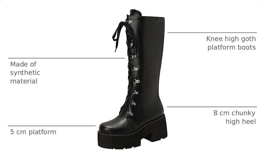 Image of Parisuit Women's Knee High Goth Platform Boots Lace Up Combat Boots | Chunky High Heel, Buckle Boots, Punk Chain Boots