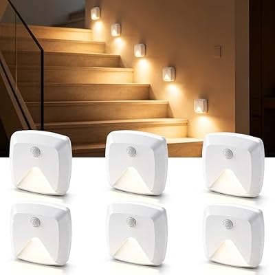 innofox 6-Pack Stick-on Motion Sensor Lights, Warm White LED Night Light, Stick-Anywhere Stair Lights, Closet Light, Battery Operated Wall Light for Kitchen, Hallway, Bedroom, Bathroom, Stairs