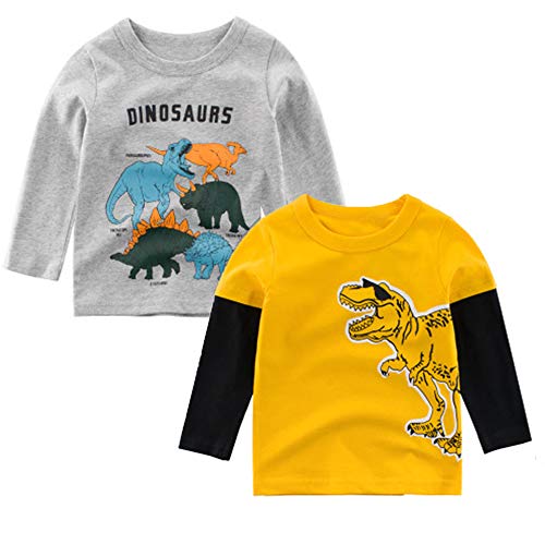 SUPFANS Toddler Boys 2-Pack Long Sleeve T-Rex Shirts 100% Cotton Dinosaur T-Shirts (Set-01, 5T)
