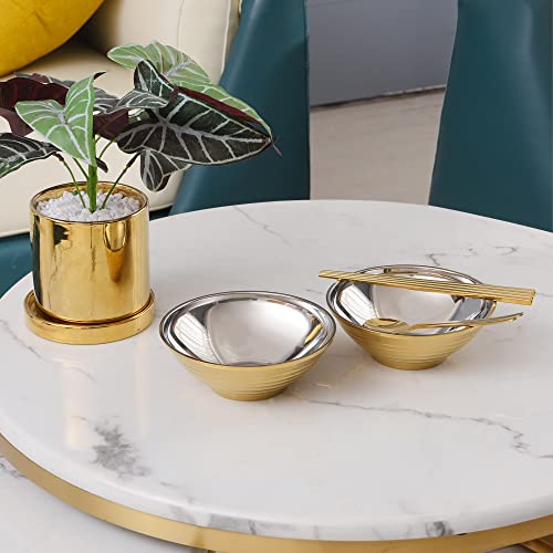 Tikitsen Japanese Gold Stainless Steel Noodle Bowls Set Of 2, Stainless Steel 7 Inch Gold Double Layer Soup Bowl With Chopsticks And Spoons For Udon, Soba, Pho, Asian Dishes #TOP3