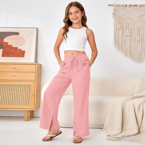 Image of Girls Linen Pants Wide Leg School Uniform Pants Cozy Elastic Waist Summer Casual Beach Lounge Trousers with Pockets