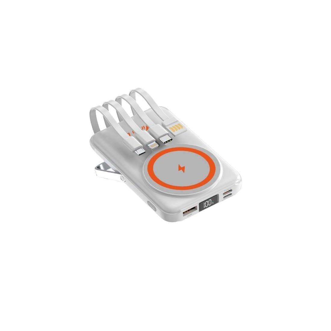 Vinco Power Bank 10000mAh, Bianco, Ricarica Wireless compatibile con MagSafe, 15W, Cavi Integrati, Schermo LED, USB e USB-C