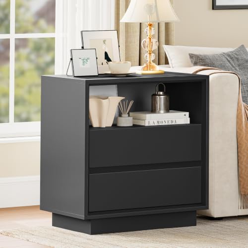 Image of TEENFON Night Stand with 2 Drawers and Open Shelf, Nightstand Bedside Table with Cut-Out Handle, End Table for Bedroom, Black, 17.7″ L x 15.7″ W x 23.6″ H