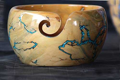 Image of Lichtenberg Figure Yarn Bowl - Handmade Wooden Yarn Bowl for Knitting Yarn Ball Holder - Yarn Bowls with Holes Crochet Bowl Holder - Yarn Storage Bowl 7 inch x 4 inch inches (Sky-Blue-B)