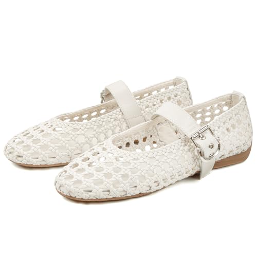 Image of Woven Ballet Flats Mesh Mary Jane Flats for Women Dressy Comfortable Ballerina Flat Round Toe Buckle Strap Mesh Shoes Casual Mary Janes