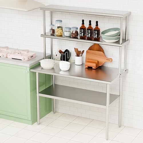 Image of Double Overshelf of Stainless Steel 12'' x 48'', Commercial 2 Tier Shelf for Prep & Work Table in Restaurant, Home and Kitchen (12x48)