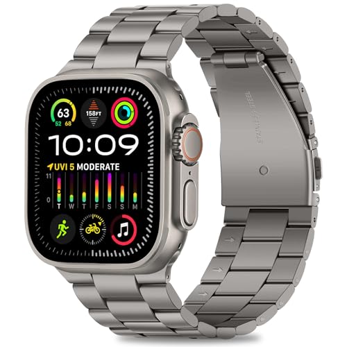 Image of HITZEE Compatible with Apple Watch Ultra Band 49mm Business Stainless Steel Metal Strap Men Women Link Bands Compatible for Apple Watch Ultra 3 /2 /1, 49mm Titanium
