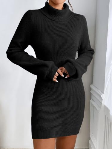 Image of Turtleneck Sweater Dress for Women Lantern Sleeve Mini Bodycon Ribbed Knit Sweater Pullover Short Dresses XS-XXL