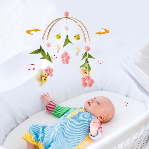 Image of Baby Mobile Crib Wooden Wind Chime Bed Bell,Neutral Baby Crib Mobile,Baby Mobile for Crib,Handmade Baby Mobile, Pink Bee Baby Ceiling Mobile Baby Nursery Decoration(Baby Mobile Holder not Included)