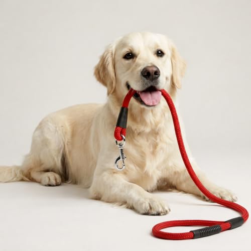 Image of Dog Leash for Large Dogs & Medium Dogs 5 Feet - Heavy Duty Nylon Rope 15mm Thick Leash with Anti Slip Rubber Handle - Tangle Free & Swivel Metal Clip (Red)