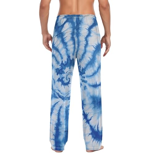 Blue Tie Dye Mens Pajama Pants, Loose Lightweight PJs Lounge Sleep Bottoms with Pockets Drawstring2