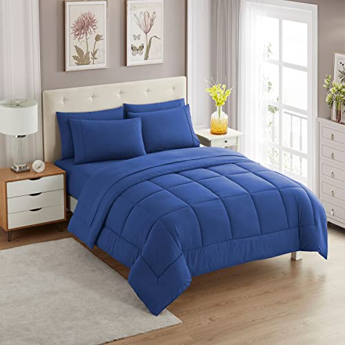 Sweet Home Collection 7 Piece Comforter Set Bag Solid Color All Season Soft Down Alternative Blanket & Luxurious Microfiber Bed Sheets, Royal Blue, Queen