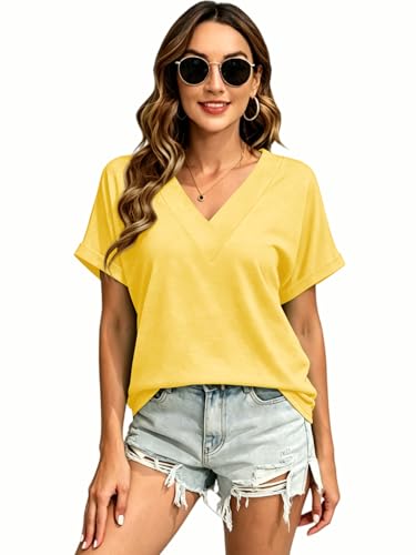 Image of T Shirts Short Sleeve V Neck Tees Womens Tops Beach Vacation Fashion Clothes 2026 Casual Summer Spring Fall Outfits
