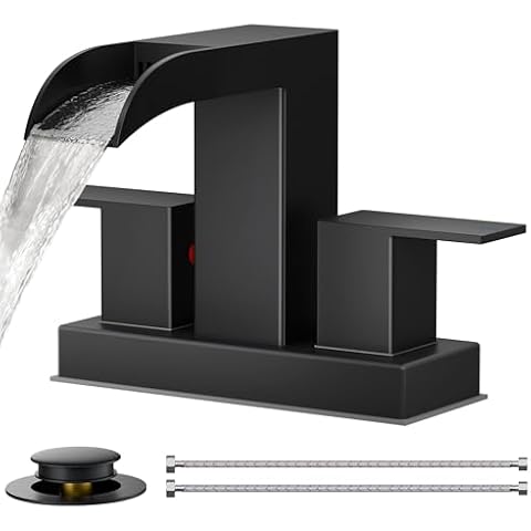 FORIOUS Black Bathroom Faucets, Waterfall 4 Inch Bathroom Faucet with Pop Up Dain and cUPC Hose for 2 or 3 Hole, 4'' Centerset Bathroom Sink Faucet for Vanity, Rv, Hotel Cover