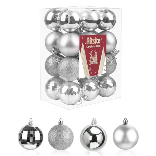 Aitsite 24ct Mini Shatterproof Christmas Ornaments Set, 1.57 Inch Diameter, Silver, Glossy, Frosted, Glitter, Mirrored, Perfect for Christmas Decorations