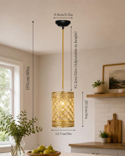 Image of Homesake Moroccan Crystal Hanging Pendant Light, Vintage Metal Jali Ceiling Lamp, Bulb Included for Living Room, Bedroom & Balcony, Warm Ceiling Light, Gold Round