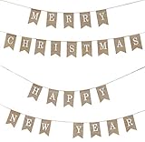 Mandala Crafts Merry Christmas Banner, Happy New Year Banner from Burlap, Fabric Pennant Bunting...