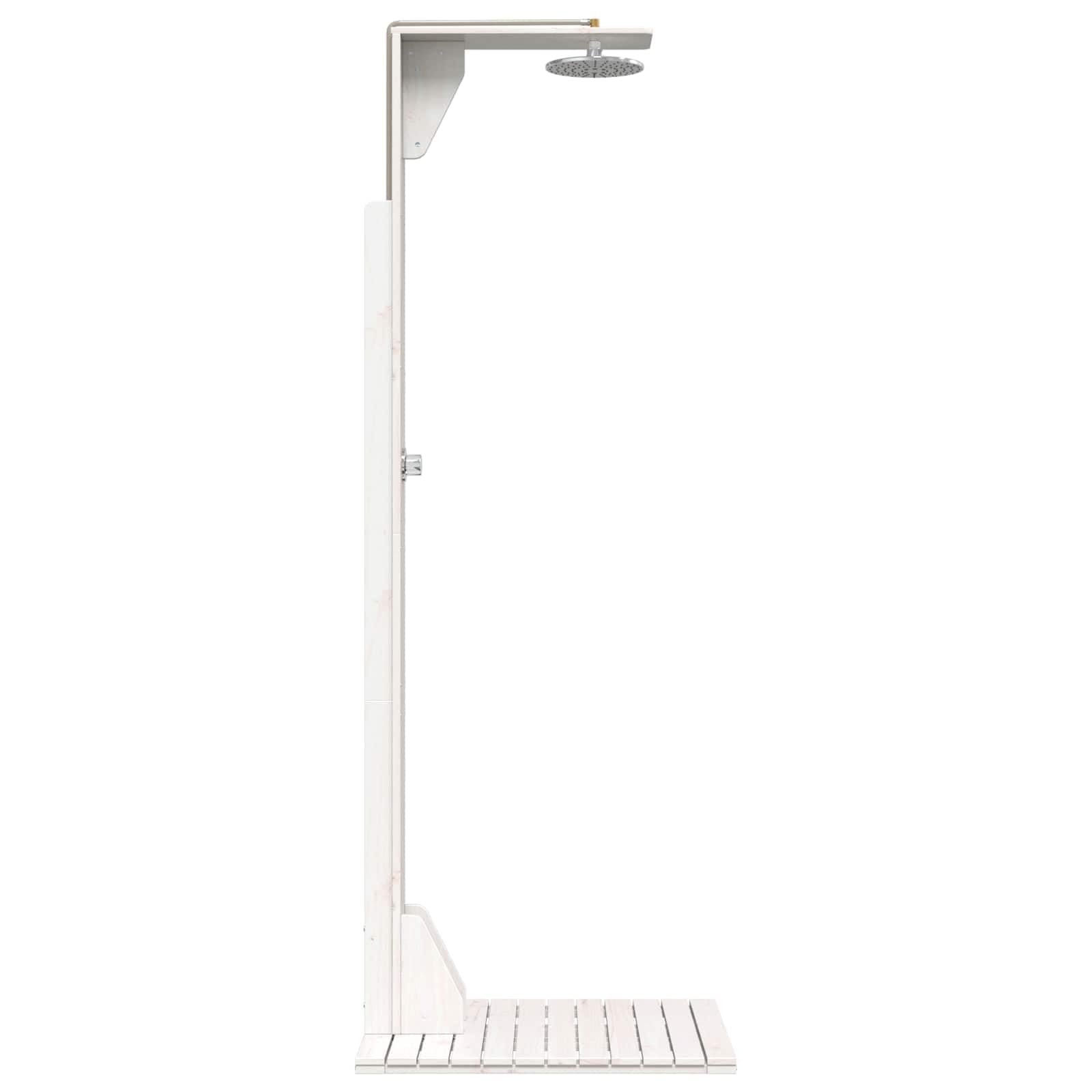 Doccia da esterno in legno massello di pino e acciaio inox, bianco, 214,5 cm, resistente alle intemperie, regolabile in altezza, soffione girevole adatto per giardino, piscina, spa, jacuzzi