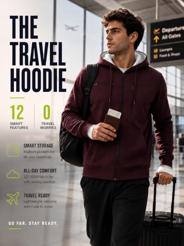 Image of NOBERO Travel Hoodies for Men|Cotton Fleece Solid Hooded Full Sleeve Sweatshirt|15 Utility Features,Tab & Drinks & earphones Holder,Charger & Sunglass Pocket, Microfiber Cloth,In-Built Gloves,Eye Mask