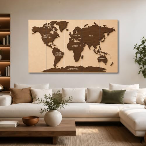 Image of The Castle Decor World Map Painting With Frame 5 Big Size Multiple Frames Wall Art Painting for Living Room,bedroom,drawing Room,hotels-wooden Framed-digital Painting (36x60 inch, multicolor9)
