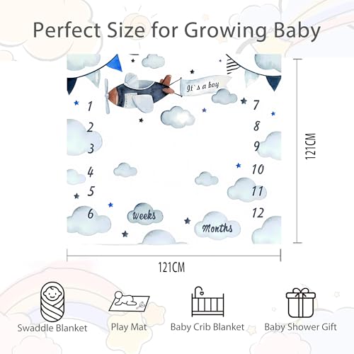 Image of Airplane Theme Baby Monthly Milestone Blanket for Boys, Soft Flannel Aircraft Pilot Cloud Stars Pattern Photography Prop Baby Shower Age Newborn Mom Gifts Nursery Decor (Blue, 48x48in)