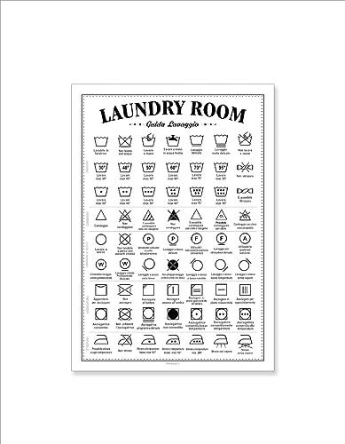 Guía de lavado para 'Laundry Room', mini póster A4, instrucciones de lavado en italiano, 63 símbolos con texto explicativo, para cuarto de lavandería, para lavados y tratamientos de ropa.