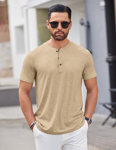 Image of COOFANDY Men's Henley Shirts Short Sleeve Casual Basic Tee Summer Button Henley Soild T Shirts