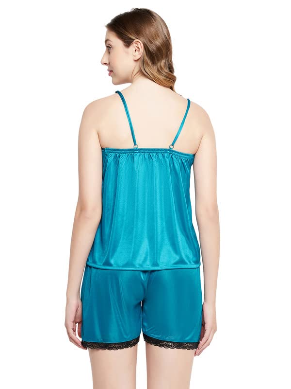 Image of Clovia Women's Satin Top & Shorts Pajama Set With Lace