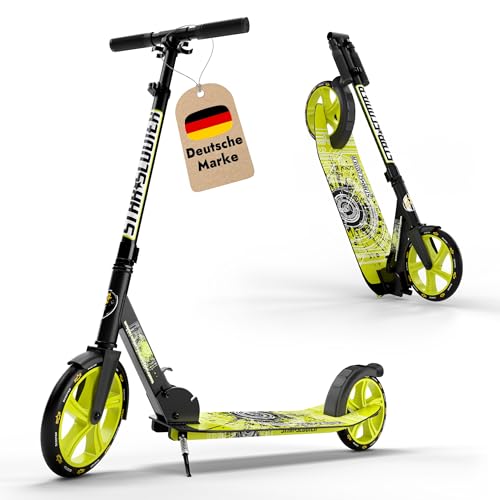 STAR SCOOTER Aluminium Kickscooter Roller Kinderroller Tretroller für Jungen und Mädchen ab 6-7 Jahre | Big 205mm Wheel mit XXL Trittbrett Scooter für Kinder und Erwachsene | Schwarz & Grün