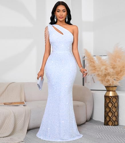 Image of Cololura Women Sequin Elegant Sexy One Shoulder Tassel Mermaid Bodycon Cocktail Evening Dress