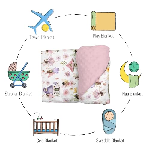 Image of Mink Baby Girl Blankets Pink Purple Fairy Tale Garden, Whimsical Magical World Soft Double Layer Dotted Backing Receiving Swaddle, Newborn Infant Toddler Nursery Crib Bedding Shower Gift 30x40